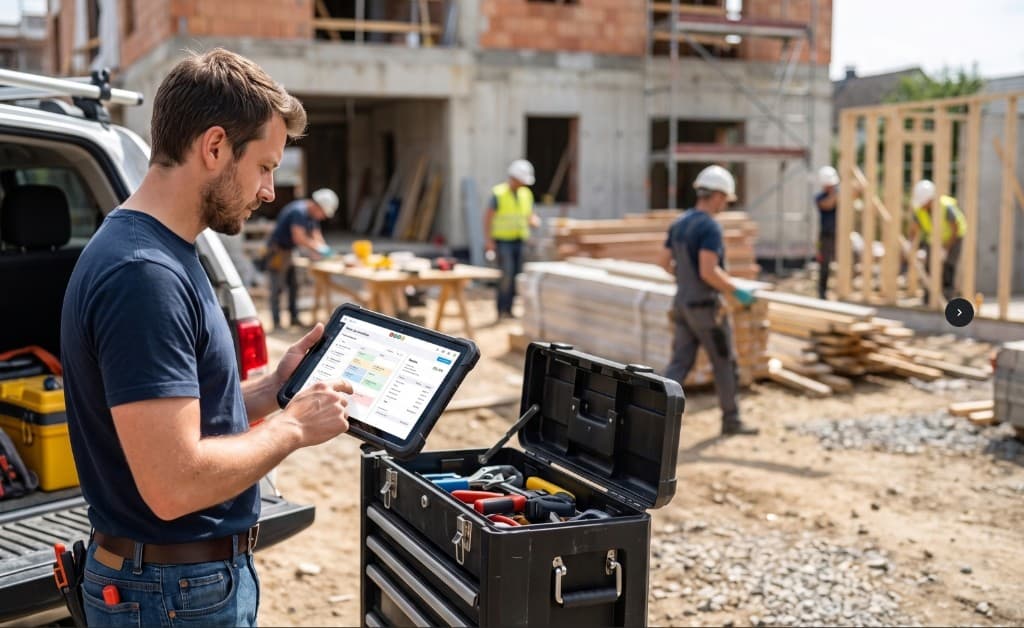 Trade contractor using a tablet on a construction site to manage jobs and scheduling